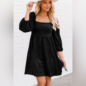 Black Square Neck Puff Sleeve Dress Country Western Faux Suede NEW